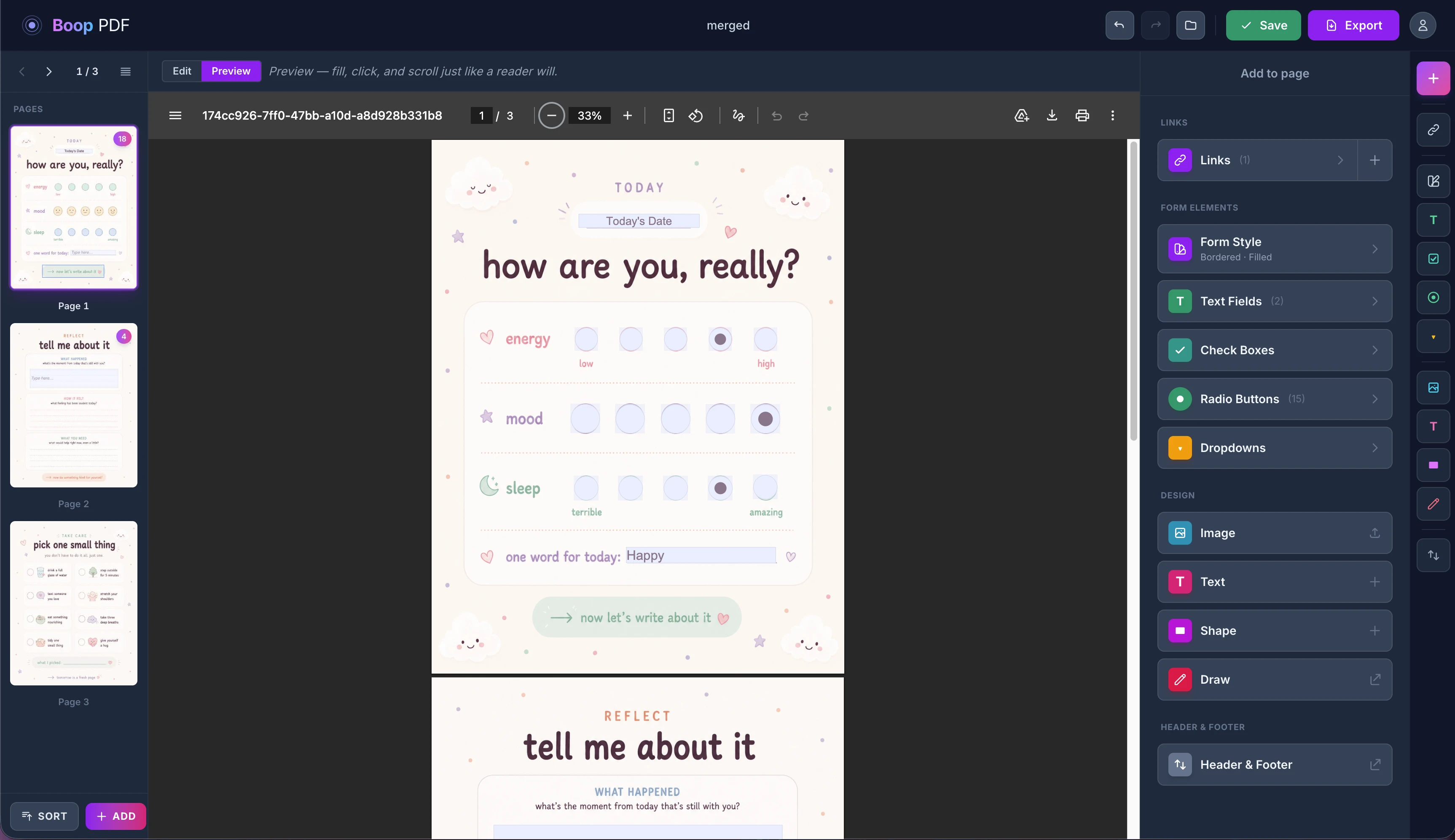 Boop PDF tool palette showing text fields, checkboxes, radios, dropdowns, and more.