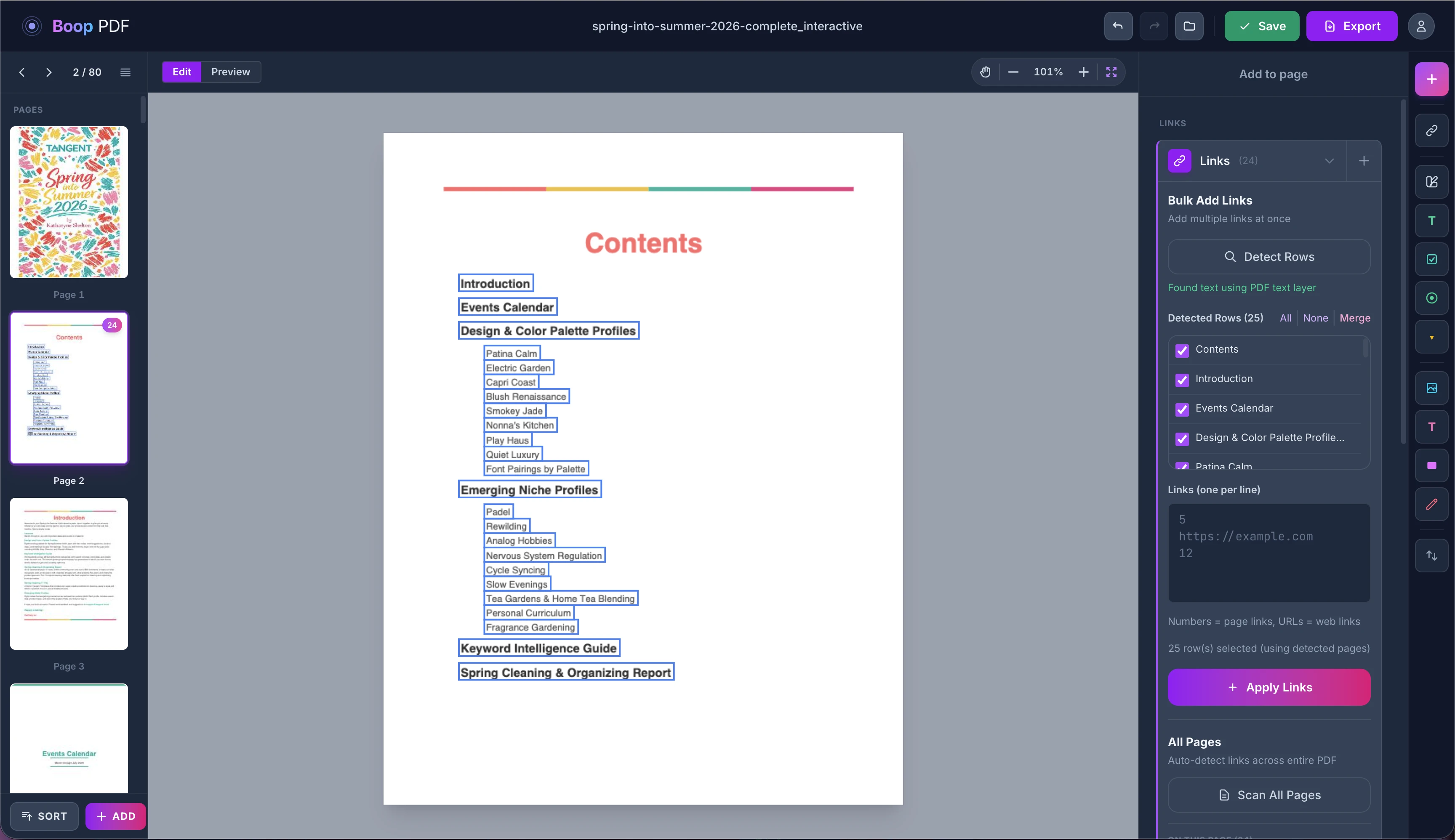 Boop PDF editor showing automatic table-of-contents detection on a PDF page.