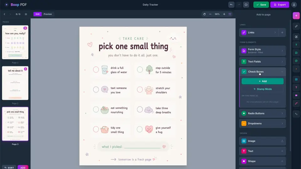 Boop PDF editor: dropping a checkbox onto a PDF page