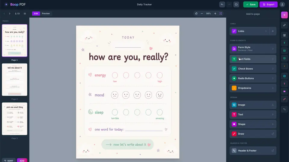 Boop PDF editor: dropping a fillable text field on a PDF page